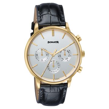 Sonata Festive Quartz Multifunction Two Toned Dial Black Leather Strap Watch For Men
