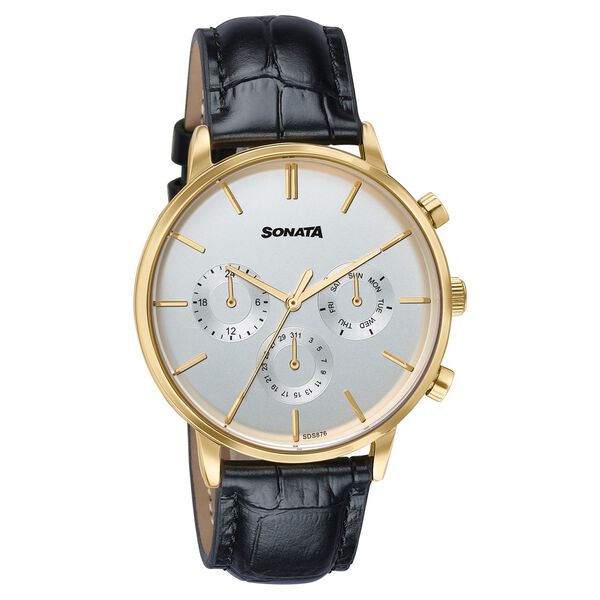 Sonata Festive Quartz Multifunction Two Toned Dial Black Leather Strap Watch For Men - image number 1