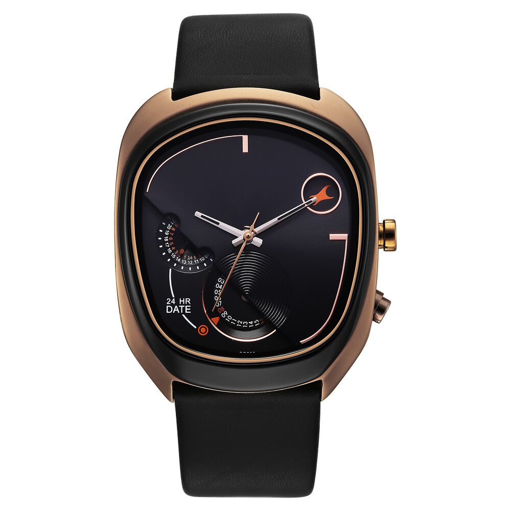 Fastrack UFO Quartz Multifunction Black Dial Black Leather Strap Watch For Guys-picture-12