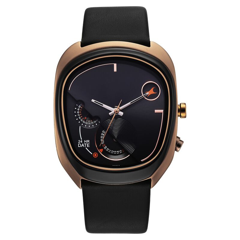 Fastrack UFO Quartz Multifunction Black Dial Black Leather Strap Watch For Guys