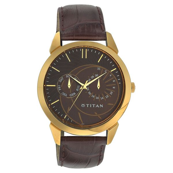 Titan Quartz Analog with Day and Date Brown Dial Leather Strap Watch for Men - image number 0