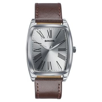 Sonata Ascent Silver Tonneau Watch with Leather Strap