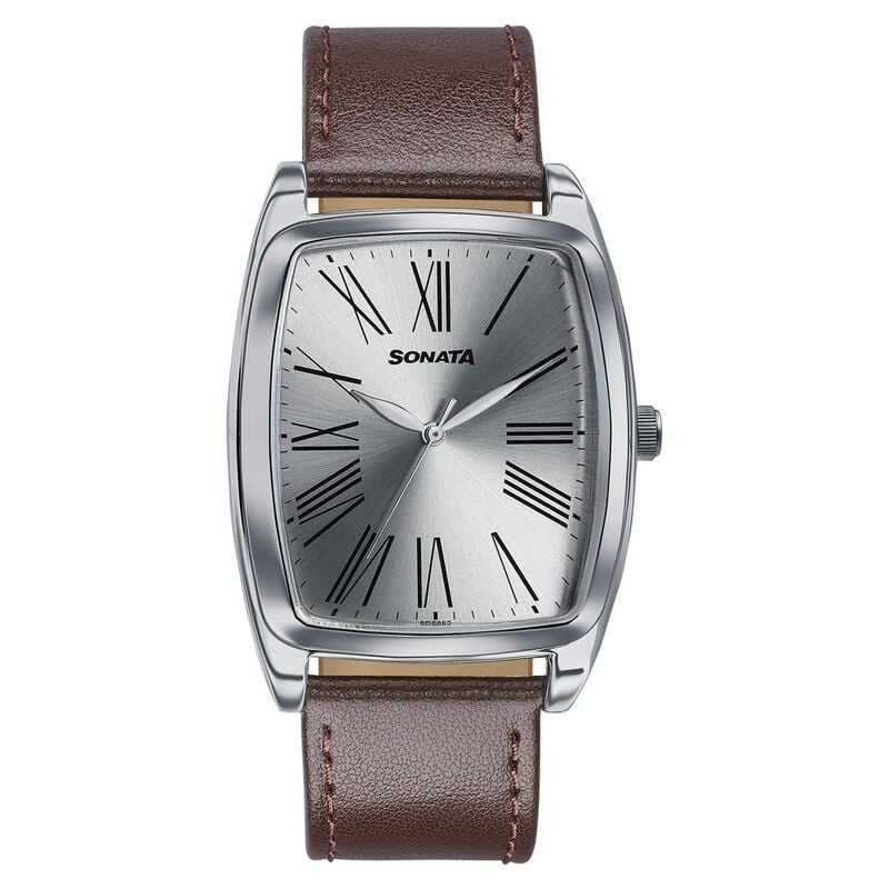 Sonata Ascent Silver Tonneau Watch with Leather Strap