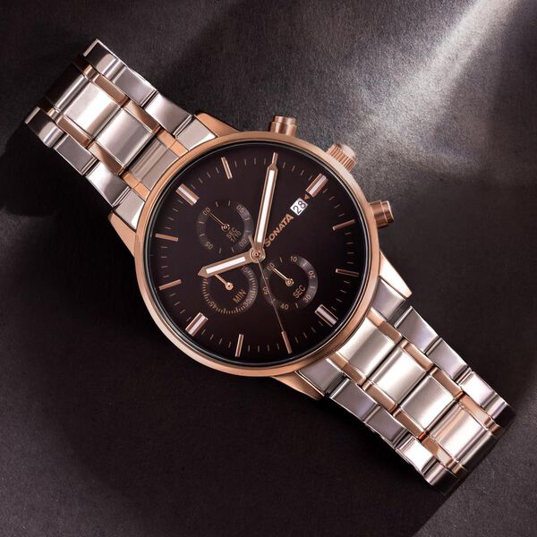 Sonata Quartz Multifunction Black Dial Two Toned Stainless Steel Strap Watch For Men - image number 0