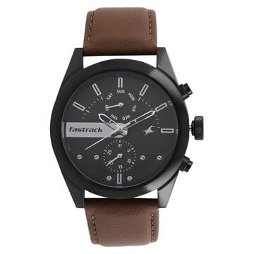 Fastrack All Nighters Quartz Multifunction Black Dial Leather Strap Watch for Guys