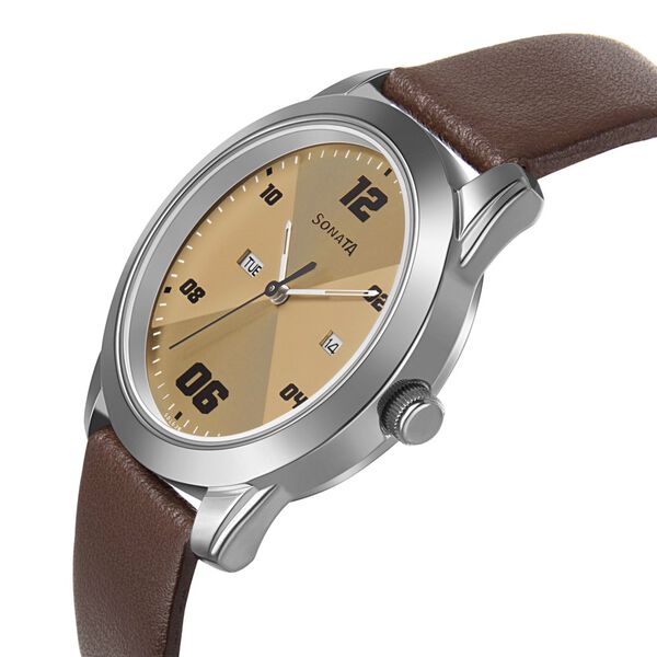 Sonata RPM Quartz Analog with Day and Date Beige Dial Leather Strap Watch for Men - image number 2