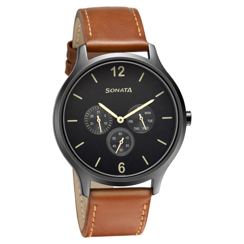 Buy Online Sonata Quartz Multifunction Grey Dial Leather Strap Watch for Men ns7140nl01 Titan