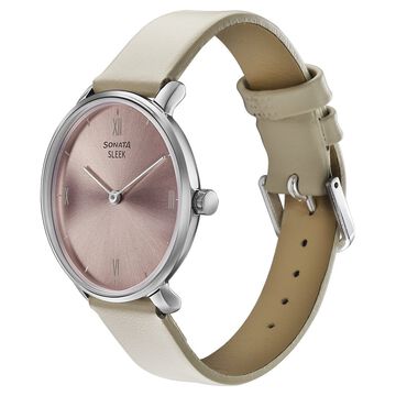 Sonata Sleek Quartz Analog Pink Dial Beige Leather Strap Watch for Women