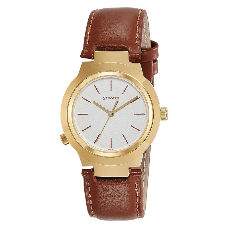 Sonata Act Safety Watch White Dial Women Watch With Leather Strap