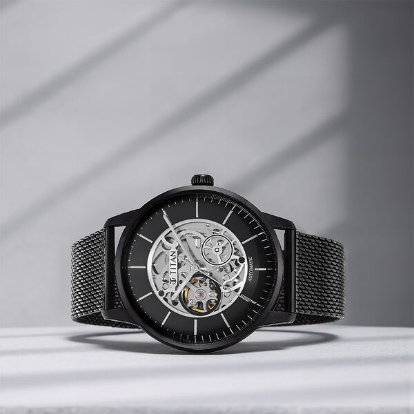 Titan Skeletal Automatic Black Dial Black Stainless Steel Strap Watch for Men - image number 0