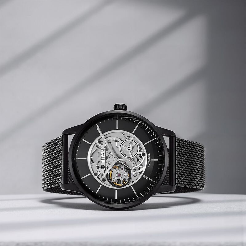 Titan Skeletal Automatic Black Dial Black Stainless Steel Strap Watch for Men