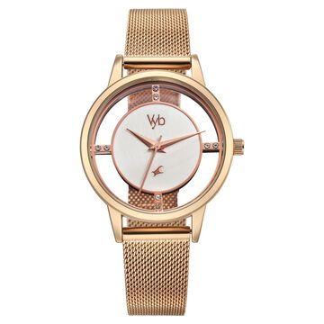 Vyb Runway By Fastrack Quartz Analog White Dial Rose Gold Stainless Steel Strap Watch For Girls