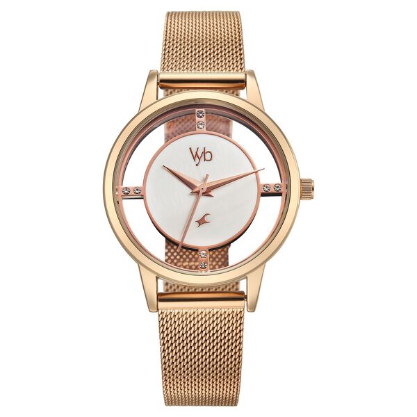 Vyb Runway By Fastrack Quartz Analog White Dial Rose Gold Stainless Steel Strap Watch For Girls - image number 1
