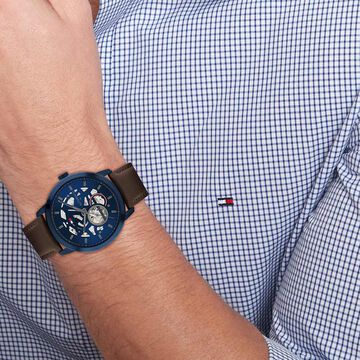 Tommy Hilfiger Automatic Blue Dial Brown Leather Strap Watch For Men