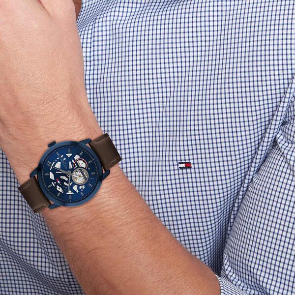 Tommy Hilfiger Automatic Blue Dial Brown Leather Strap Watch For Men - image number 3