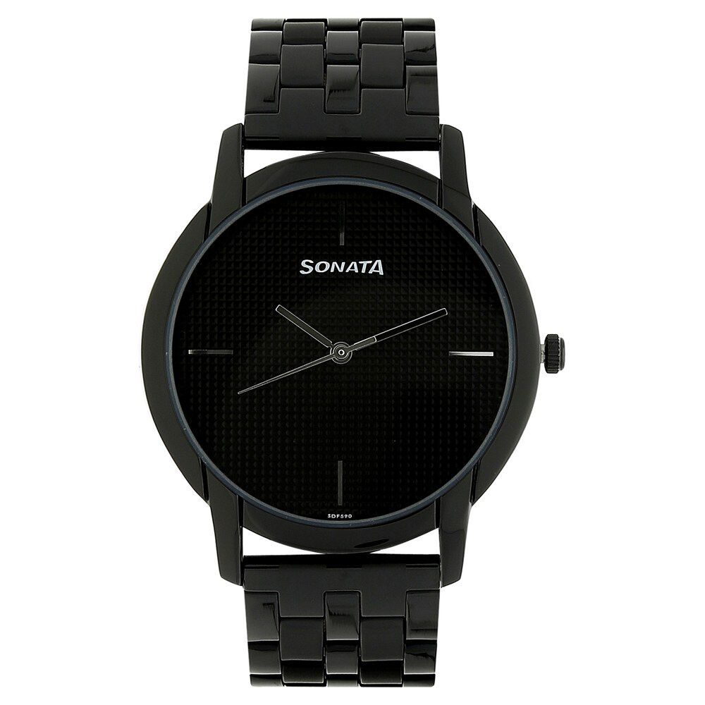 Buy Online Sonata Quartz Analog Black Dial Stainless Steel Strap Watch for Men nm77031nm02 Titan
