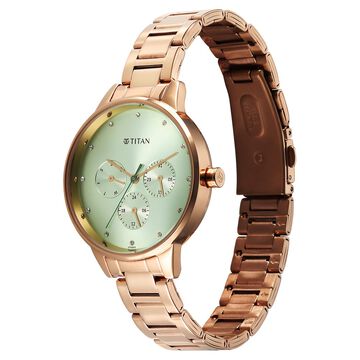 Titan Purple Razzle Dazzle Quartz Analog with Day and Date Green Dial Rose Gold Stainless Steel Strap Watch For Women