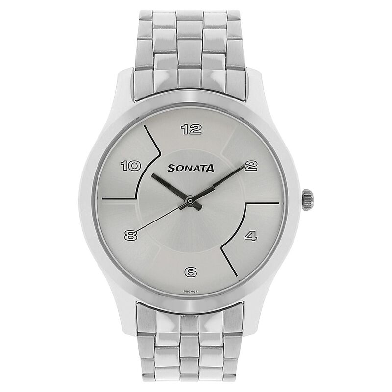 Sonata Quartz Analog Silver Dial Stainless Steel Strap Watch for Men