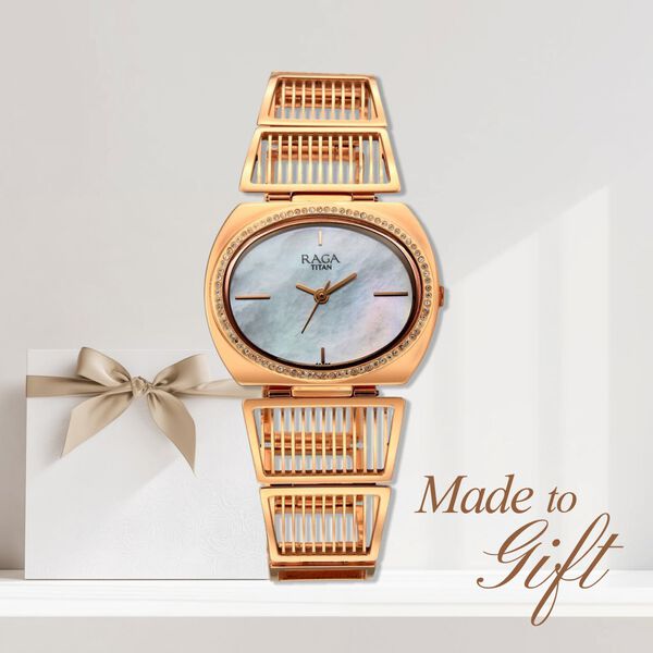 Titan Raga Ethereal Quartz Analog Mother of Pearl Dial Rose Gold Metal Strap Watch For Women - image number 0