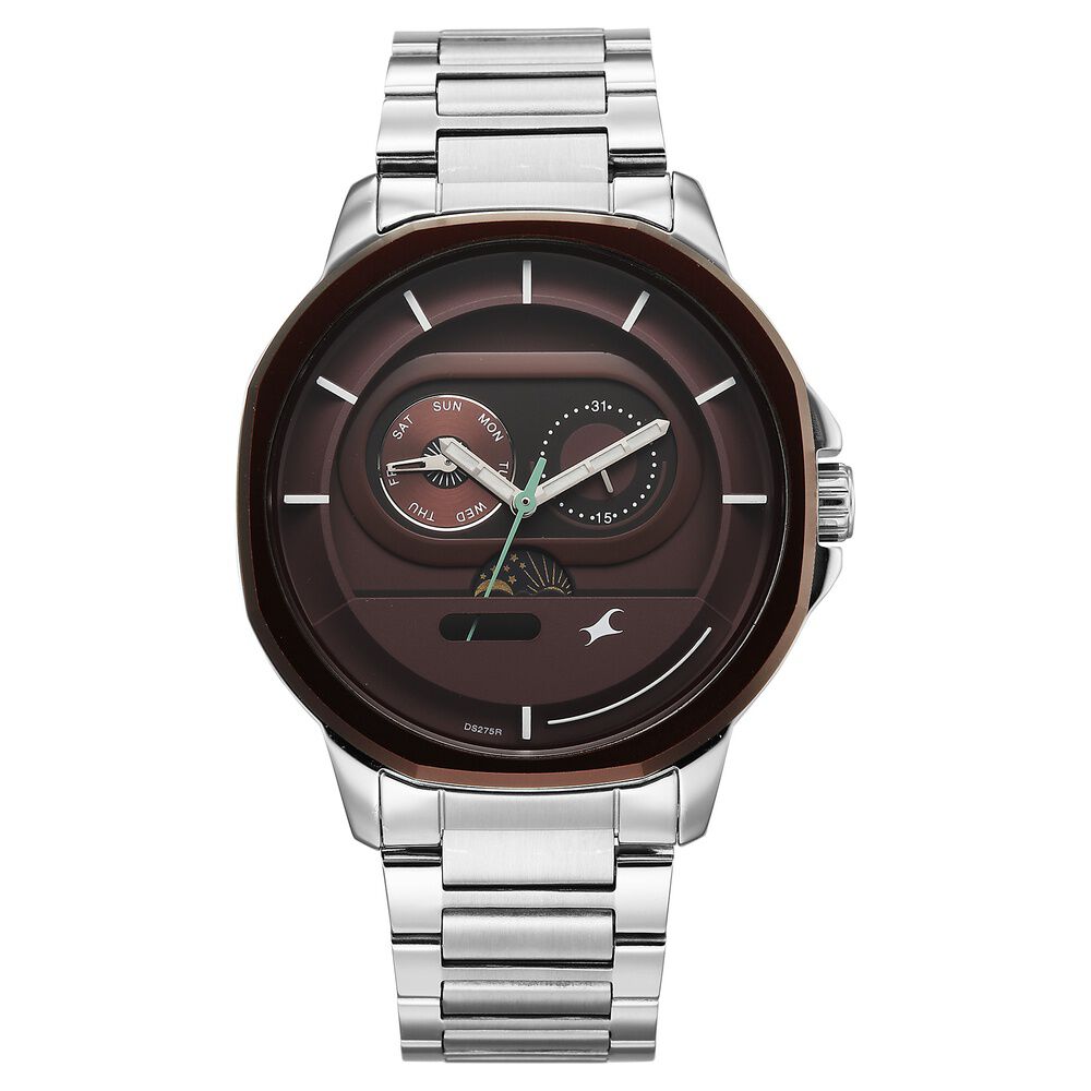 Fastrack Street Opulence Quartz Sun Moon Multifunction Maroon Dial Silver Stainless Steel Strap Watch For Guys-picture-10