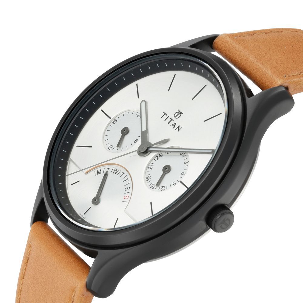 Buy Online Titan Quartz Multifunction Silver Dial Leather Strap
