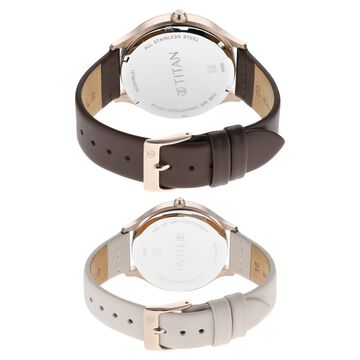 Titan Bandhan White and Mother of Pearl Dial Analog with Date Leather Strap watch for Couple