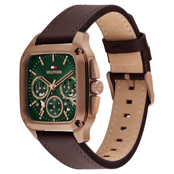 Tommy Hilfiger Quartz Multifunction Green Dial Brown Leather Strap Watch For Men - image number 1