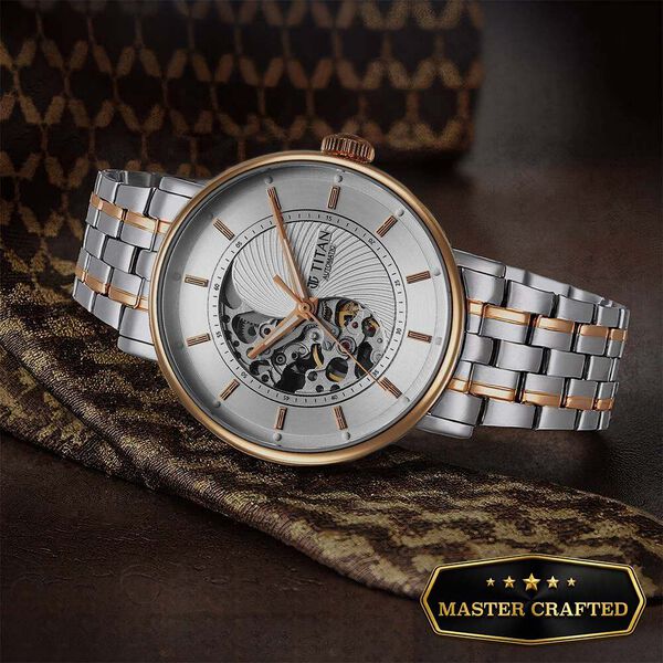 Titan Yin Yang Skeletal Automatic Analog with White Dial Silver and Rose Gold Stainless Steel Strap Watch for Men - image number 0