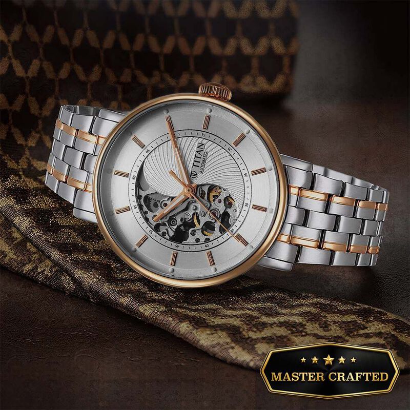 Titan Yin Yang Skeletal Automatic Analog with White Dial Silver and Rose Gold Stainless Steel Strap Watch for Men