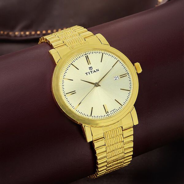 Titan Quartz Analog with Date Champagne Dial Golden Stainless Steel Strap  Watch For Men