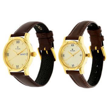 Titan Quartz Analog with Day and Date Champagne Dial Leather Strap Watch for Couple
