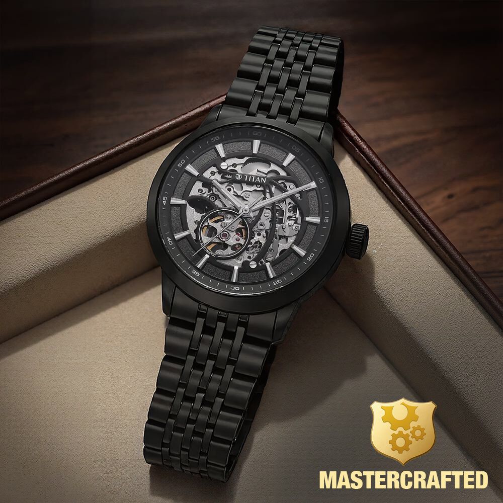 Titan Phoenix Skeletal Automatic Analog with Gun Dial Black Stainless Steel Strap Watch for Men