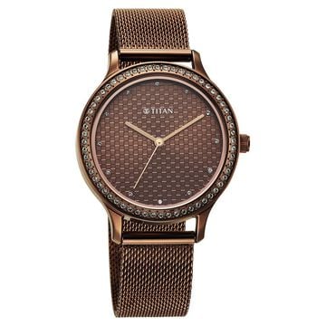 Titan Purple Superheads Quartz Analog Brown Dial Brown Stainless Steel Strap Watch For Women