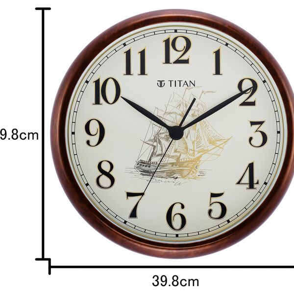 Titan Decorative Dark Brown Wood Finish Clock with Ship Design on Dial and Silent Sweep - 39.8 cm x 39.8 cm (Large) - image number 3