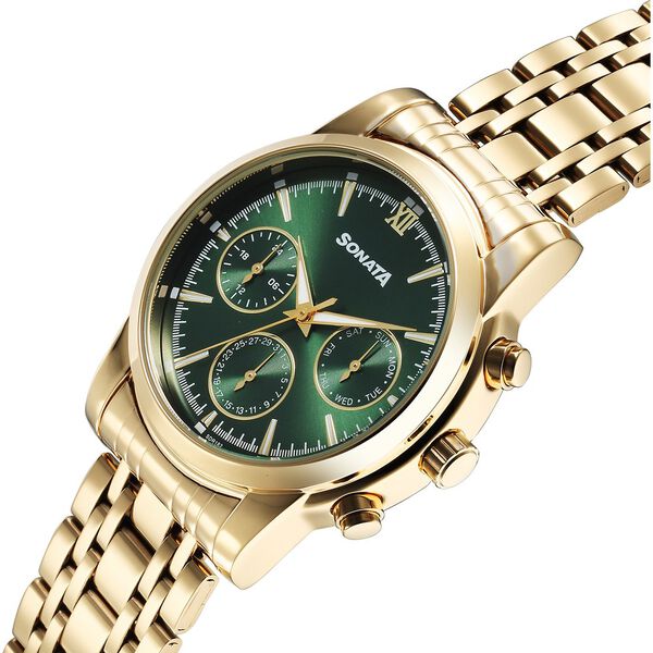Sonata Wedding Multifunction Green Dial Stainless Steel Strap Watch For Men - image number 1
