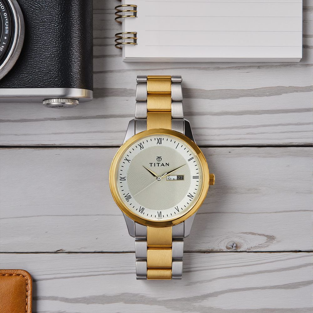 Titan Quartz Analog with Day and Date Champagne Dial Two Toned Stainless Steel Strap Watch For Men-picture-32