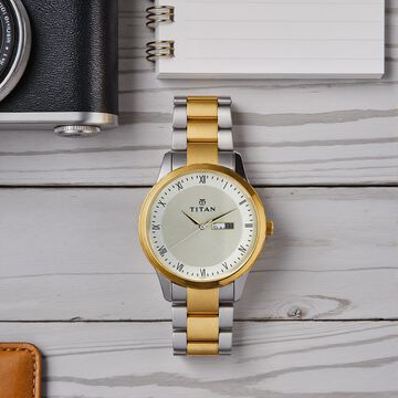 Titan Quartz Analog with Day and Date Champagne Dial Two Toned Stainless Steel Strap Watch For Men