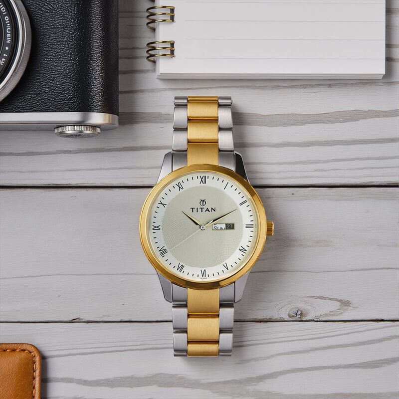 Titan Quartz Analog with Day and Date Champagne Dial Two Toned Stainless Steel Strap Watch For Men