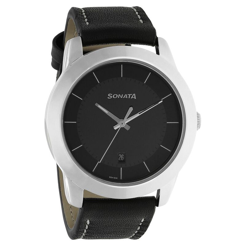 Sonata Quartz Analog with Date Black Dial Leather Strap Watch for Men - image number 1