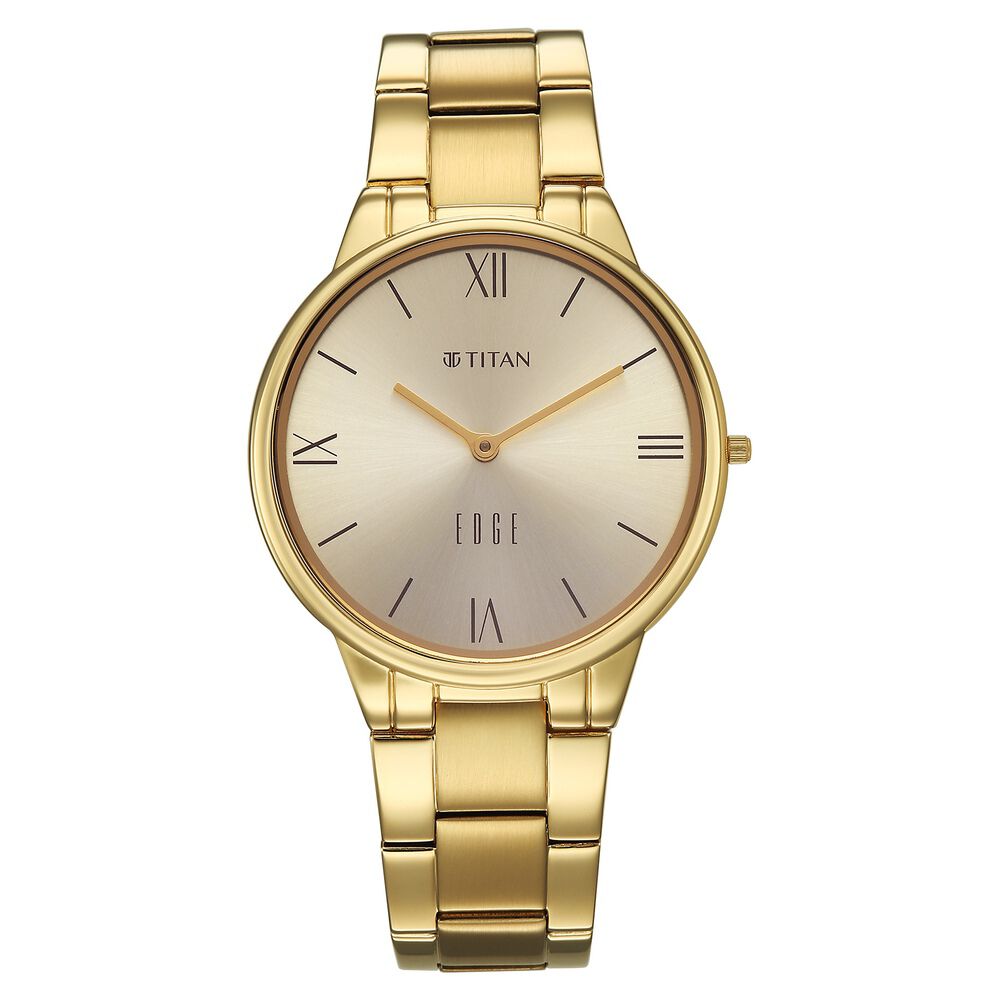 Titan Edge Gleam Quartz Analog Champagne Dial Golden Stainless Steel Strap Watch For Women-image-31