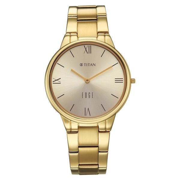 Titan Edge Gleam Quartz Analog Champagne Dial Golden Stainless Steel Strap Watch For Women - image number 0