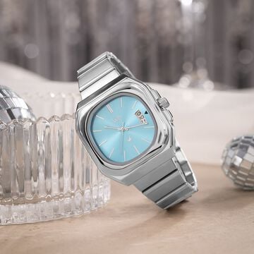 Vyb Pioneer By Fastrack Quartz Analog Blue Dial Silver Stainless Steel Strap Watch For Guys