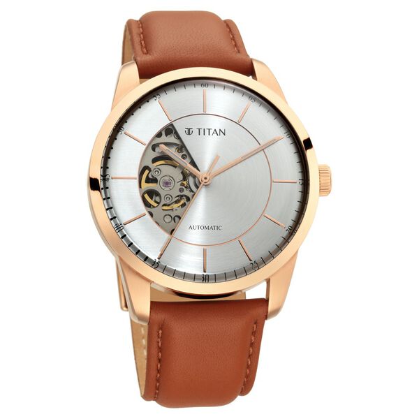 Titan Automatics Silver Round Dial Brown Leather Strap Watch For Men - image number 0