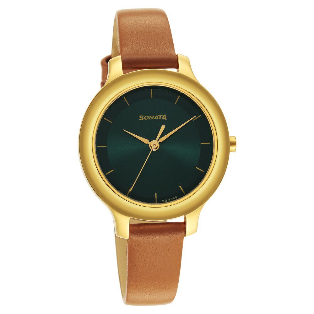 Buy Online Sonata Gold Edit Green Dial Women Watch With Leather Strap ns87042yl02w Titan