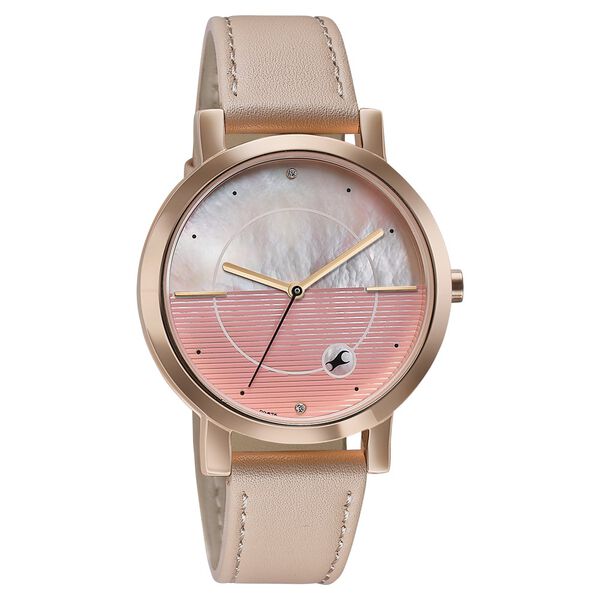 Fastrack Style Up Quartz Analog Pink Mother Of Pearl Dial Pink Leather Strap Watch For Girls - image number 1