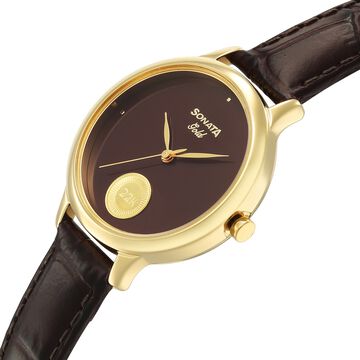 Sonata Gold Quartz Analog Regal Maroon With Gold Coin Dial Brown Leather Strap Watch For Women