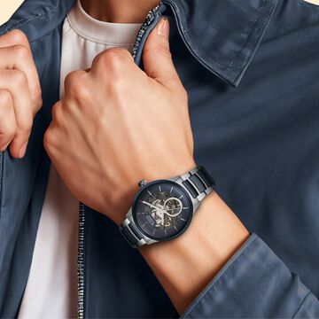 Titan Ceramic Fusion Automatic Blue Dial Silver Dual-Toned Stainless Steel Bracelet Watch for Men
