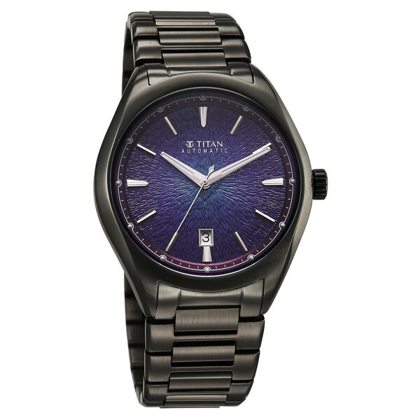 Titan Stellar Starlight Analog with Concealed Automatic and Violet Dial Dark Gun Stainless Steel Strap Watch for Men - image number 2