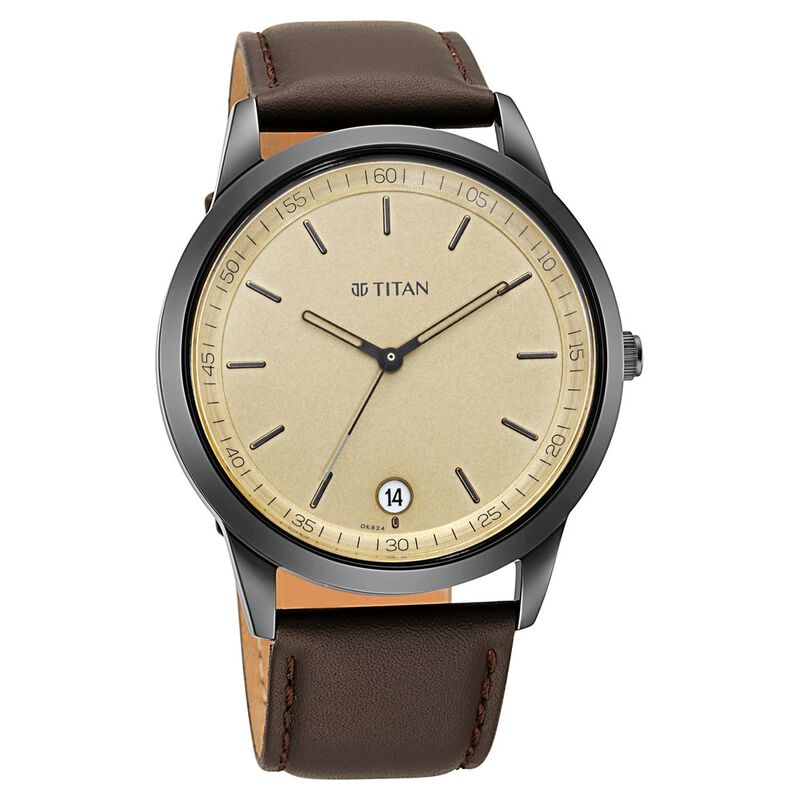 Titan Men's Timeless Style Watch: Refined Gold Dial and Leather Strap - image number 1