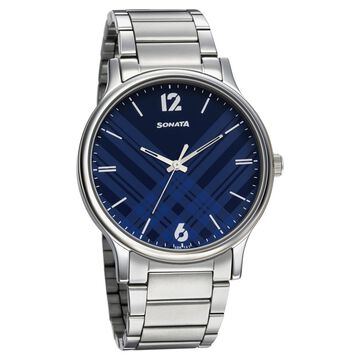 Sonata Smart Plaid Quartz Analog Blue Dial Stainless Steel Strap Watch for Men